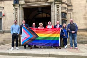 From left to right, Coun Michael Graham, Simon Lightwood MP, Coun Matthew Morley, Cllr Denise Jeffery, Matthew Copeland Wakefield Pride, Coun Darren Byford Deputy Mayor, Jo King and Marc Beachill Wakefield Pride with the new flag