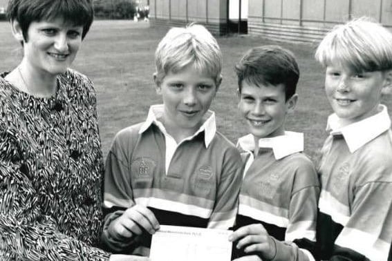 Sandal Endowed School, rugby strip is presented to the school by Methley Park Hospital, 1983.