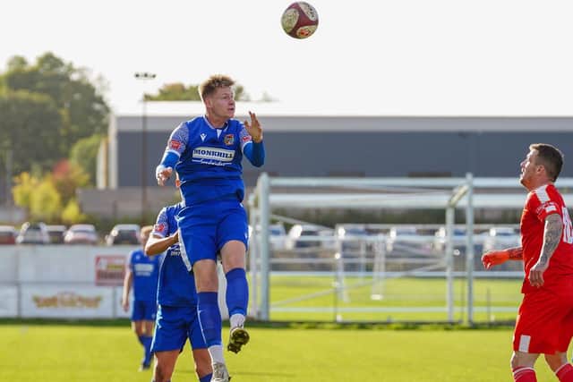 Spencer Clarke hit the post with a header in Pontefract Collieries' 2-0 defeat to Stocksbridge Park Steels. Picture: Josh Harper