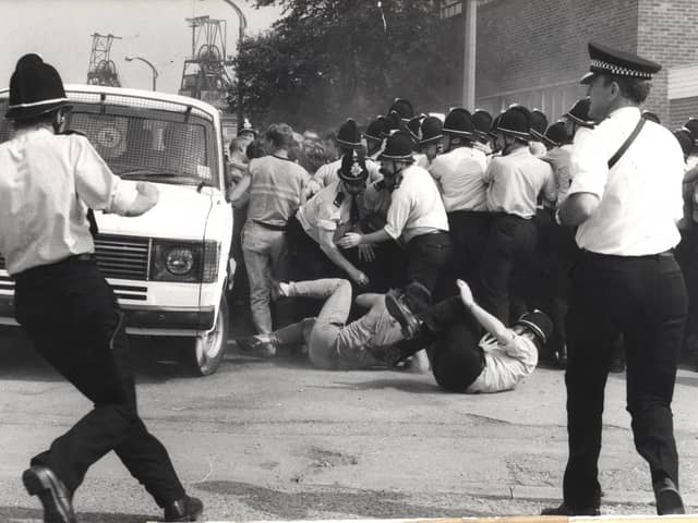 Police and pickets on the ground when an unmarked van left Allerton Bywater Colliery, miners' strike, August 21, 1984