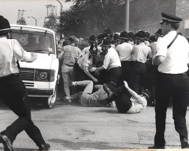 Police and pickets on the ground when an unmarked van left Allerton Bywater Colliery, miners' strike, August 21, 1984