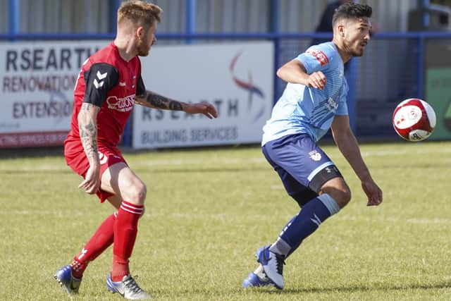 Michael Hollingsworth scored the winning penalty for Ossett United in their shoot-out with Stocksbridge Park Steels. Picture: Scott Merrylees