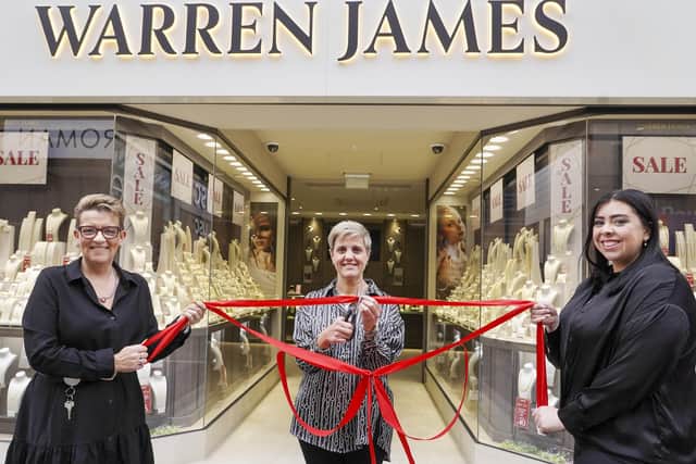 Staff members Elise Turner, Keri Austin and Jessica Oween celebrate the official opening of Warren James jewellers in Trinity Walk, Wakefield