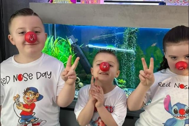 TJ,  Bobby and Sienna ready for Red Nose Day at school, shared by Marie Pullan.