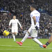 Crysencio Summerville shapes up to score Leeds United's goal against Coventry City.