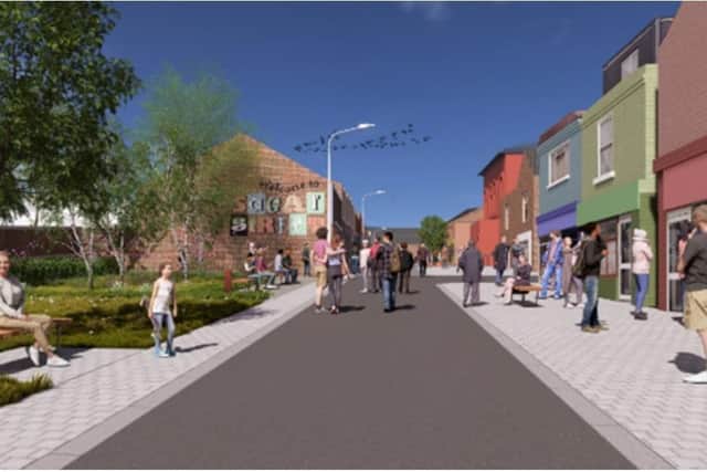 Artist’s impression of the new Sagar Street with improved pedestrian areas and enhanced shop fronts. Image: Wakefield Council.