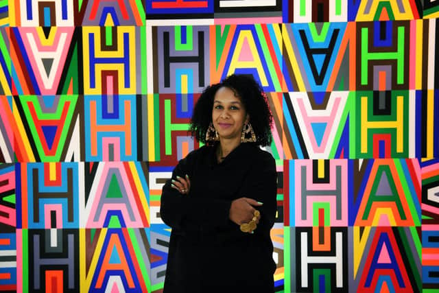 London-based artist Lakwena Maciver with her work on display at the Weston Gallery at Wakefield's Yorkshire Sculpture Park.