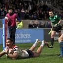 Gleeful Darrell Olpherts dives over for a try on his Wakefield Trinity debut against Bradford Bulls. Picture by Ed Sykes/SWpix.com
