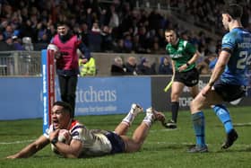 Gleeful Darrell Olpherts dives over for a try on his Wakefield Trinity debut against Bradford Bulls. Picture by Ed Sykes/SWpix.com