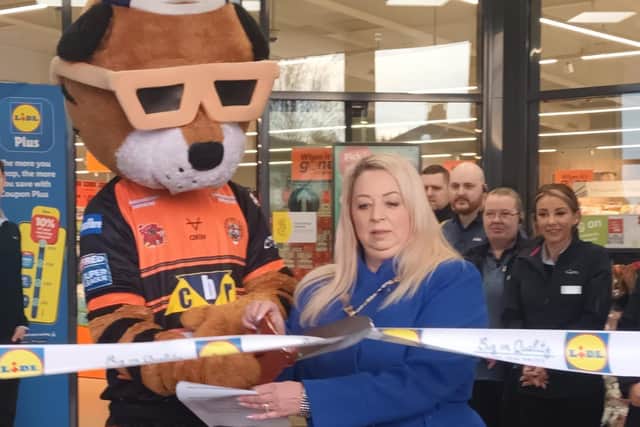 Deputy Mayor of Wakefield, Coun Josie Pritchard, unveiled the new Lidl store in Castleford on February 16. She is pictured with supermarket staff and the Castleford Tigers mascot.