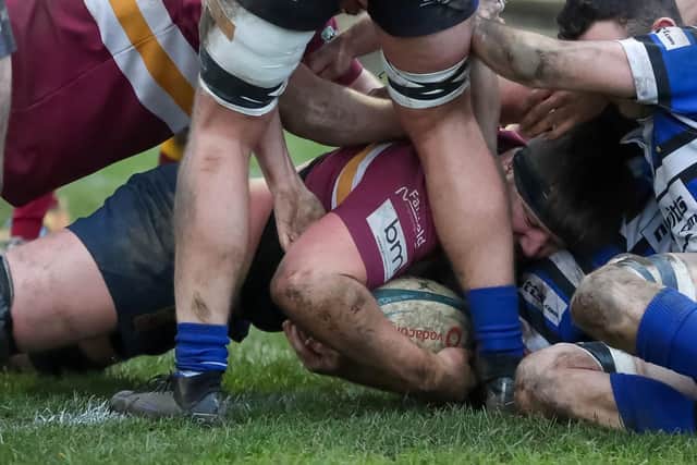 Declan Thompson gets the ball down for a Sandal try against Driffield. Picture: Simon Hall