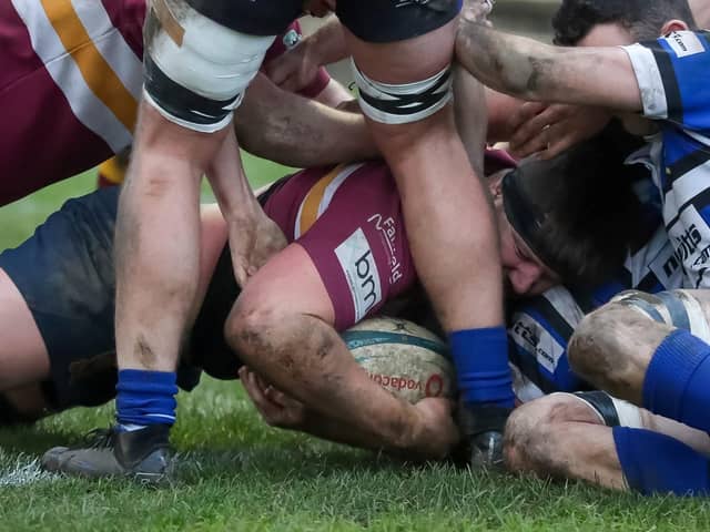 Declan Thompson gets the ball down for a Sandal try against Driffield. Picture: Simon Hall