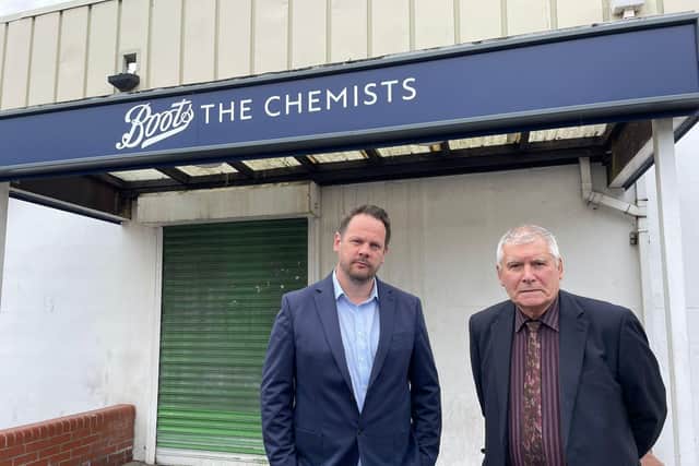 Wakefield MP Simon Lightwood and Stuart Heptinstall, councillor for Wakefield East ward, pictured outside the Boots pharmacy on Upper Warrengate. It is one of two pharmacies in the Eastmoor area earmarked for closure
