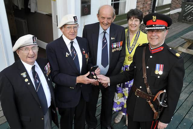 The Deputy Lord Lieutenant of West Yorkshire Michael Fox presents the Arctic Star Convoy Medal to members of the Royal British Legion at a ceremony held at Horbury Working Mens Club.
The medal is for veterans who served on Arctic convoys and in Bomber Command during World War 11.
Left to right, Charles Erswell, John Hirst, Don Heighton, Christine Spencer, Co-chairman Royal British Legion, South and West Yorkshire. W080713GLa