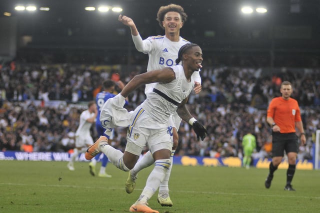 Crysencio Summerville begins his goal celebration with new teammate Ethan Ampadu joining in.