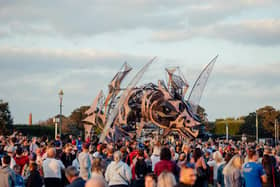 Last seen leading the celebrations at the Queen’s Platinum Jubilee Pageant, The Hatchling dragon is the world’s first and largest human-operated puppet to fly. (Photo courtesy of Trigger (c) Dom_Moore)