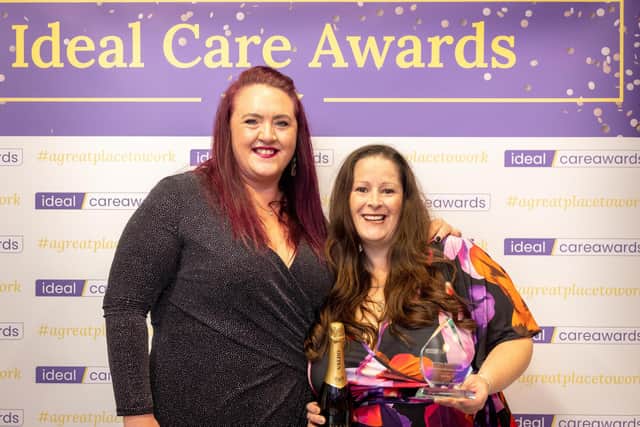Castleford care home caretaker Stephanie O’Donnell, pictured with Ideal Carehomes Regional Director Paula Mountjoy, won one of 14 awards, which saw thousands nominated