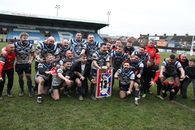 Normanton Knights celebrate winning the BARLA Yorkshire Cup final.
