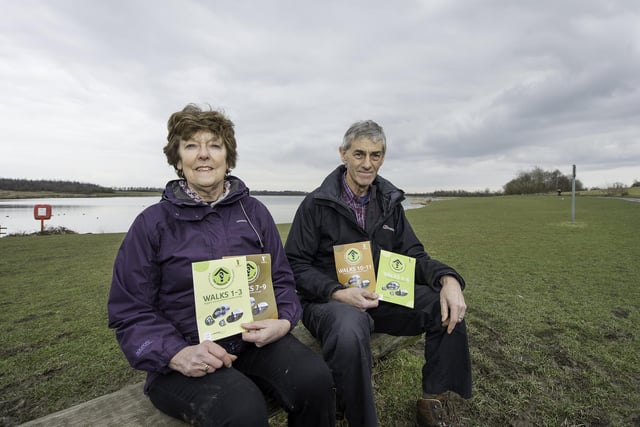 Wakefield Way - Anglers Country Park, Wintersett, Wakefield, England - Christine Stack with Derek Lowery and their Wakefield Way walking maps.