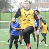 Jack Broadbent takes part in a training session with his new Castleford Tigers teammates. Photo: Castleford Tigers