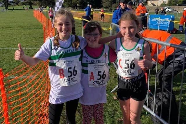 Wakefield Harriers Junior Jets U11 girls who took part in the Northern Athletics Cross Country Relays at Graves Park, Sheffield.