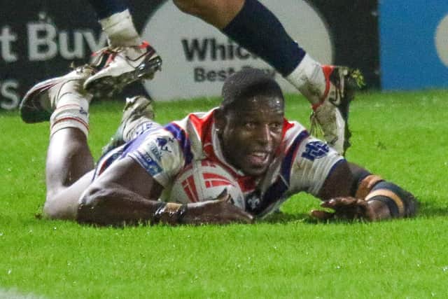 Jermaine McGillvary goes over for one of his two tries against Toulouse in the Championship Grand Final. Photo by Kevin Creighton.