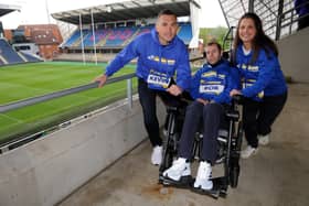 Kevin Sinfield with Rob and Lindsey Burrow at the Rob Burrow Marathon launch at Headingley Stadium in 2023