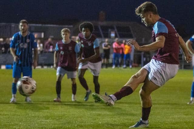 Joe Jagger's 82nd minute penalty clinched a 2-1 quarter-final win for Emley AFC against Hemsworth MW in the Sheffield & Hallamshire Senior Cup. Picture: Mark Parsons