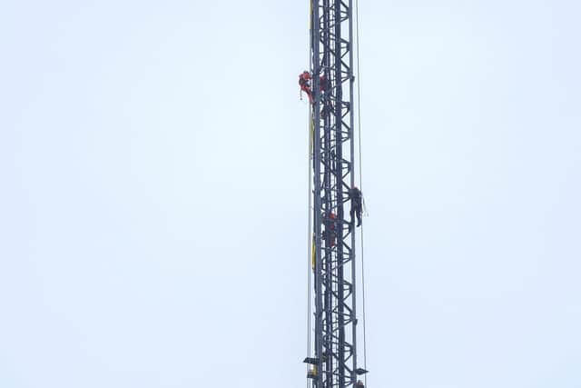 The temporary mast at Emley is being dismantled. Picture Scott Merrylees
