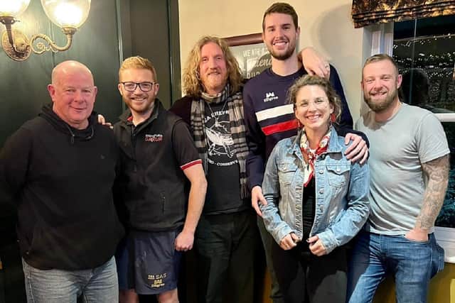 Ian Webb with locals and fellow Wakefield AFC supporters at the Bridge Inn.