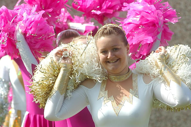 Victoria Coe leads the Horbury Pink Ladies Majorettes at the 2007 Gawthorpe Maypole Procession.