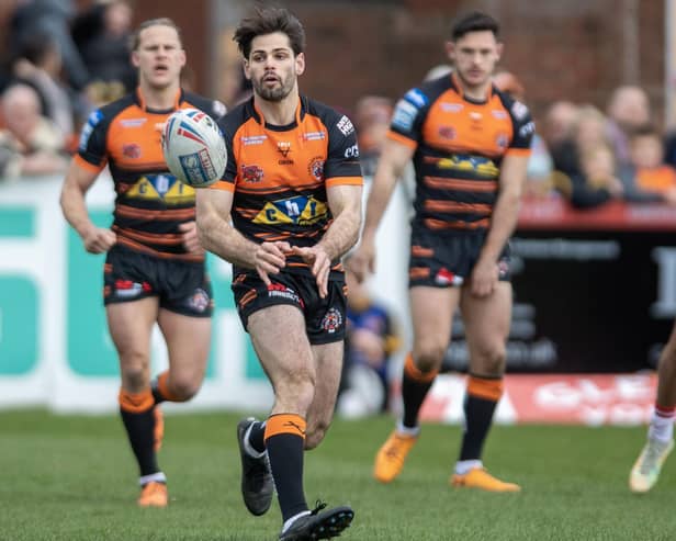 Jake Mamo was in the thick of the action for Castleford Tigers against St Helens before having to go off with a back injury. Picture: Tony Johnson