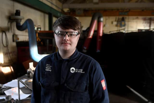 Apprentice Welder and Fabricator Korey Wigglesworth  pictured  at the Canal Trusts Workshop, Stanley Ferry, Stanley, Wakefield.Picture by Simon Hulme