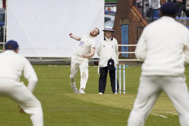 Sam Steeple attacks from round the wicket.