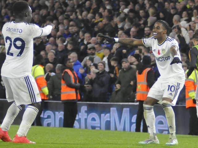 Crysencio Summerville and Willy Gnonto celebrate Leeds United's winning goal against Bournemouth.