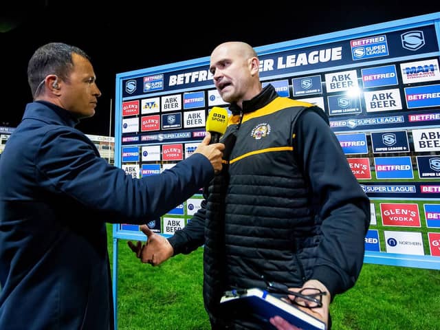 Castleford Tigers head coach Craig Lingard is interviewed on the BBC after his side's loss to Wigan in the first live Super League game on the channel.