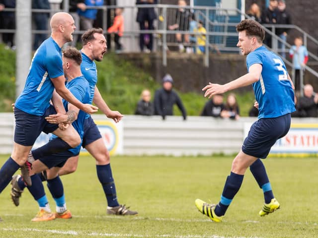 AFC Royal players celebrate a goal in their cup final against Nostell MW. Picture: John Hobson
