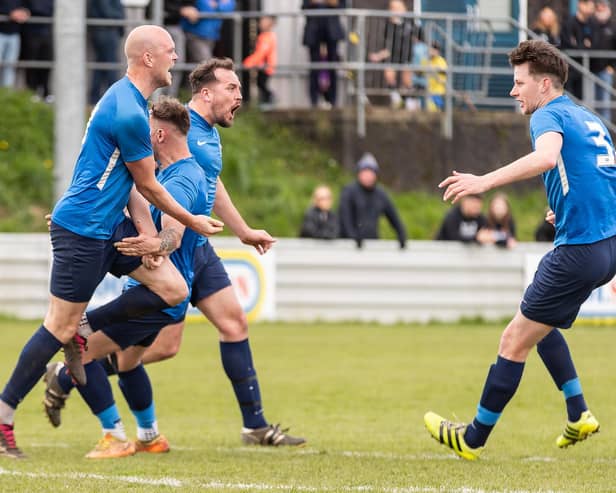 AFC Royal players celebrate a goal in their cup final against Nostell MW. Picture: John Hobson