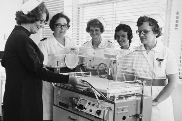 Staff at Pontefract Maternity Hospital with one of the new incubators, 1973.