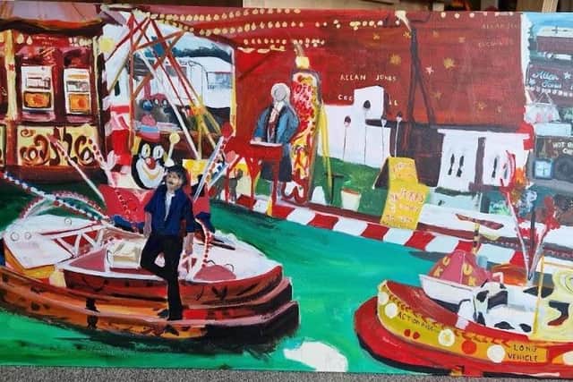 The painting is acrylic on canvas and depicts Allan's life from his days on the fairgrounds and to now as the famous chestnut man of Wakefield.