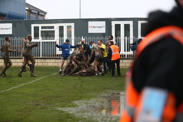 Featherstone Rovers celebrate Gareth Gale's golden point extra time try over Wakefield Trinity. Photo by John Victor.