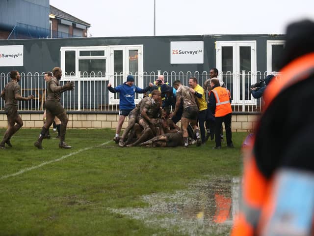 Featherstone Rovers celebrate Gareth Gale's golden point extra time try over Wakefield Trinity. Photo by John Victor.