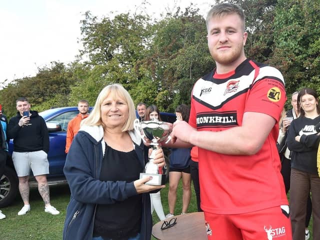 Fryston Warriors captain Corey Southern is awarded the Edgar Hanson Trophy on behalf of his team. Picture: Matthew Merrick