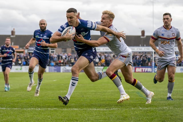 Craig Hall charges for the line to score a try for Featherstone Rovers in their Championship play-off semi-final against Batley Bulldogs. Picture: Dec Hayes