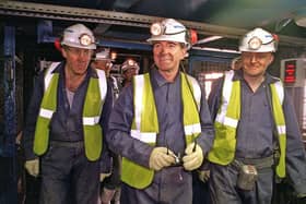 Peter Mandleson, Minister without Portfolio, emerges from the lift after a trip down Kellingley Colliery, with Jon Trickett, MP for Hemsworth, and John Grogan, MP for Selby in 1998