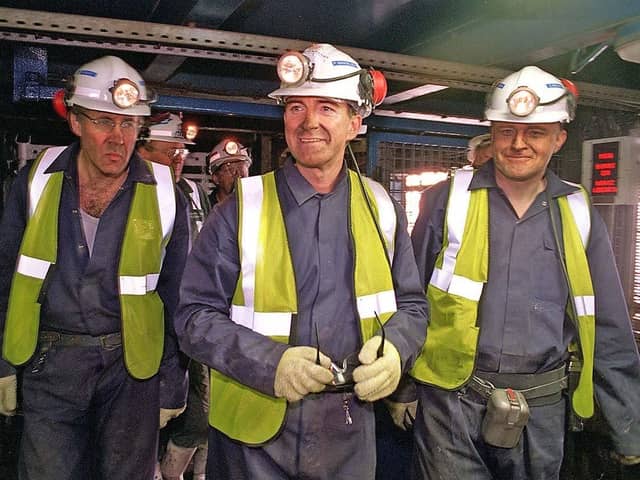 Peter Mandleson, Minister without Portfolio, emerges from the lift after a trip down Kellingley Colliery, with Jon Trickett, MP for Hemsworth, and John Grogan, MP for Selby in 1998