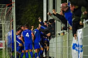 Pontefract Collieries players celebrate with supporters at the newly redeveloped "Shed End" in the game against Sheffield. Picture: JLH Photography Yorkshire