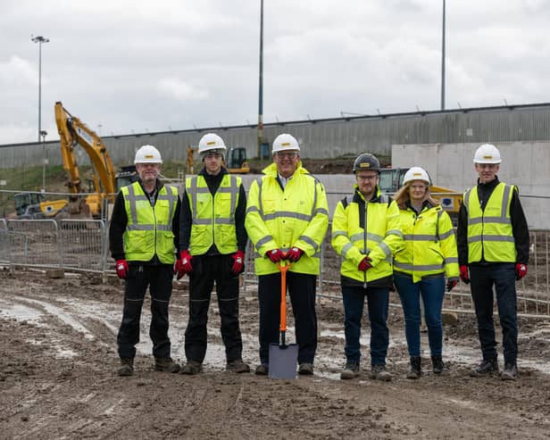 Pictured from the left are Jason Hardwick, LBA; Rio Masters, LBA apprentice; Vincent Hodder, CEO of LBA; Darren McIvor, project manager, Farrans Construction; Helen Rhodes, LBA apprentice; and Charles Johnson, head of planning development for LBA, at the ground breaking ceremony