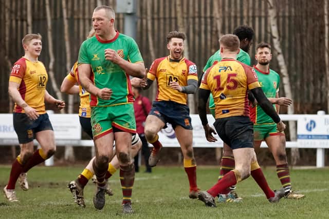 Sandal players celebrate their stoppage time winning try at Heath. Picture: Gareth Lyons