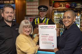 Bar manager Anthony Spurr, Cllr Maureen Cummings, Chief Superintendent Richard Close and Deputy Mayor of West Yorkshire Alison Lowe launch the #AskForAngela campaign at the Union Bank pub in Wakefield.